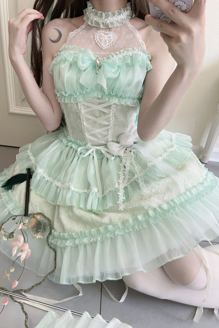 Sweet Lolita JSK - Halterneck Triple-layered, Green, Lace Trim, Bow Detail - additional product view 2