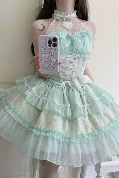 Sweet Lolita JSK - Halterneck Triple-layered, Green, Lace Trim, Bow Detail - additional product view 3