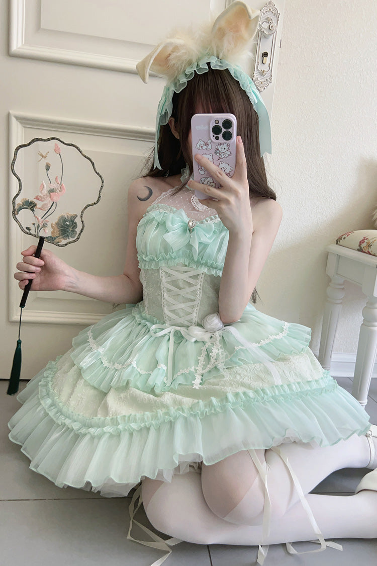 Sweet Lolita JSK - Halterneck Triple-layered, Green, Lace Trim, Bow Detail - additional product view 4