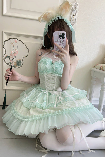 Sweet Lolita JSK - Halterneck Triple-layered, Green, Lace Trim, Bow Detail - additional product view 4