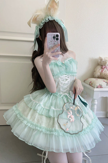 Sweet Lolita JSK - Halterneck Triple-layered, Green, Lace Trim, Bow Detail - additional product view 5