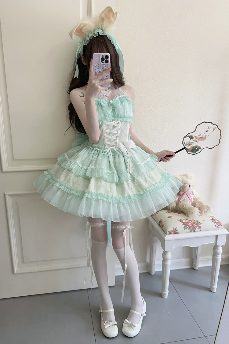 Sweet Lolita JSK - Halterneck Triple-layered, Green, Lace Trim, Bow Detail - additional product view 6