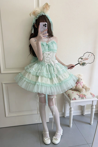 Sweet Lolita JSK - Halterneck Triple-layered, Green, Lace Trim, Bow Detail - additional product view 6