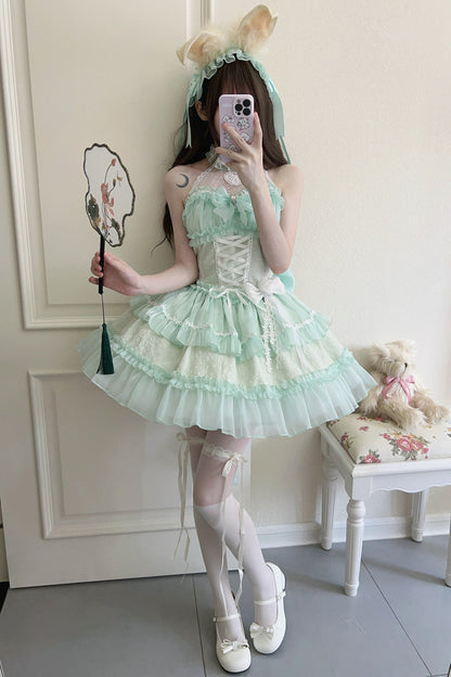 Sweet Lolita JSK - Halterneck Triple-layered, Green, Lace Trim, Bow Detail - additional product view 7