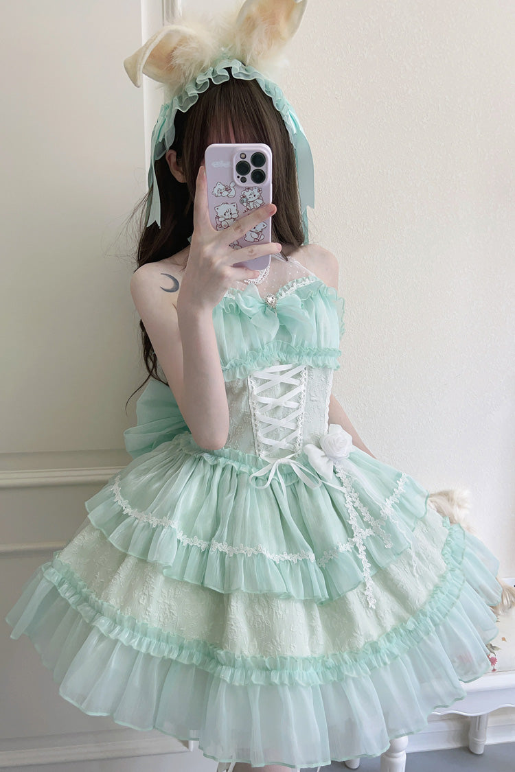 Sweet Lolita JSK - Halterneck Triple-layered, Green, Lace Trim, Bow Detail - main product image