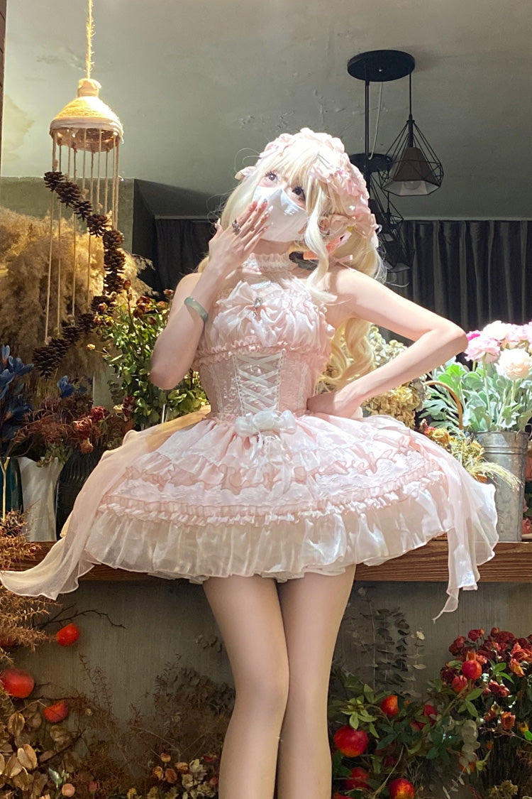 Sweet Lolita JSK - Halterneck Triple-layered, Pink, Bow Detail, Lace Trim - additional product view 2