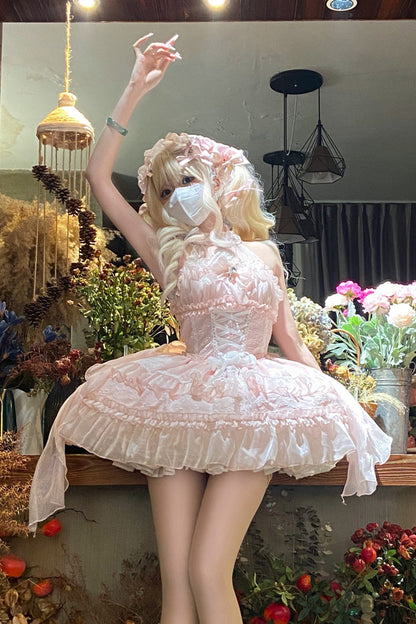 Sweet Lolita JSK - Halterneck Triple-layered, Pink, Bow Detail, Lace Trim - additional product view 3