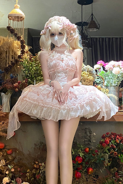Sweet Lolita JSK - Halterneck Triple-layered, Pink, Bow Detail, Lace Trim - additional product view 4