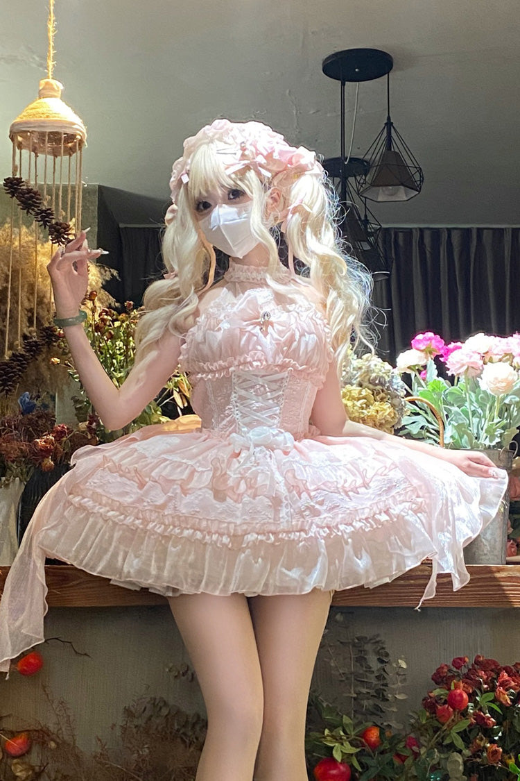 Sweet Lolita JSK - Halterneck Triple-layered, Pink, Bow Detail, Lace Trim - additional product view 5