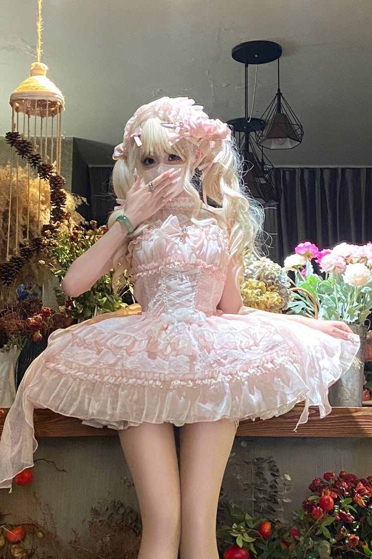 Sweet Lolita JSK - Halterneck Triple-layered, Pink, Bow Detail, Lace Trim - additional product view 6