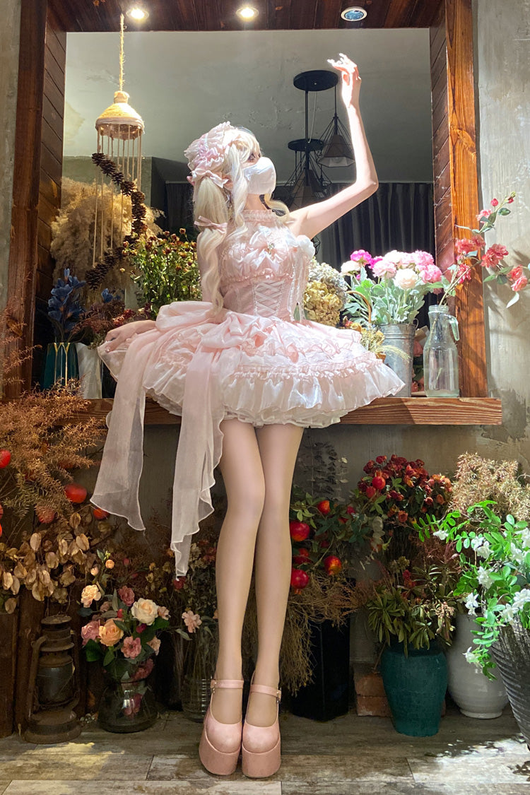 Sweet Lolita JSK - Halterneck Triple-layered, Pink, Bow Detail, Lace Trim - additional product view 7