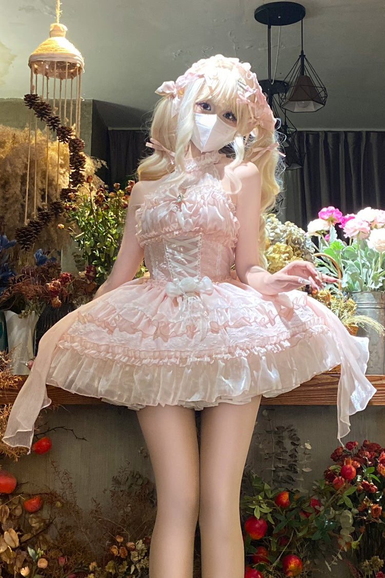 Sweet Lolita JSK - Halterneck Triple-layered, Pink, Bow Detail, Lace Trim - main product image