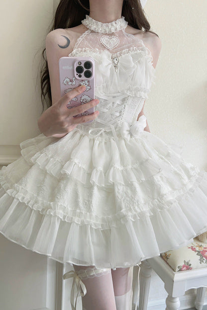 Sweet Lolita JSK - Halterneck Triple-layered, White, Lace Trim, Bow Detail - additional product view 2
