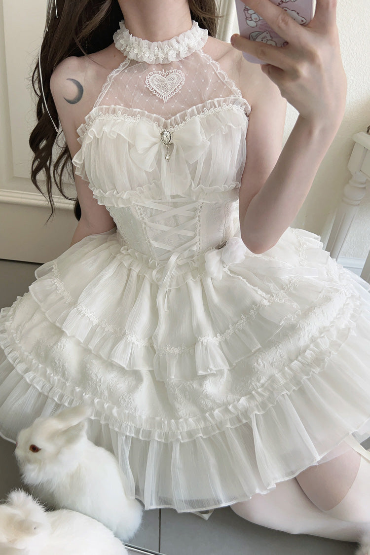 Sweet Lolita JSK - Halterneck Triple-layered, White, Lace Trim, Bow Detail - additional product view 3
