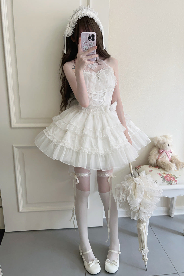 Sweet Lolita JSK - Halterneck Triple-layered, White, Lace Trim, Bow Detail - additional product view 4