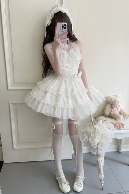Sweet Lolita JSK - Halterneck Triple-layered, White, Lace Trim, Bow Detail - additional product view 4
