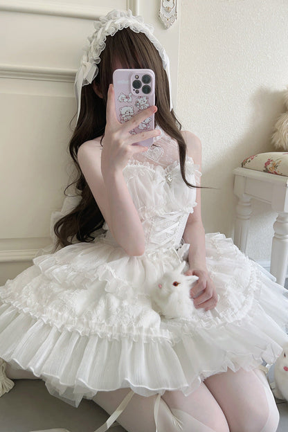 Sweet Lolita JSK - Halterneck Triple-layered, White, Lace Trim, Bow Detail - additional product view 5