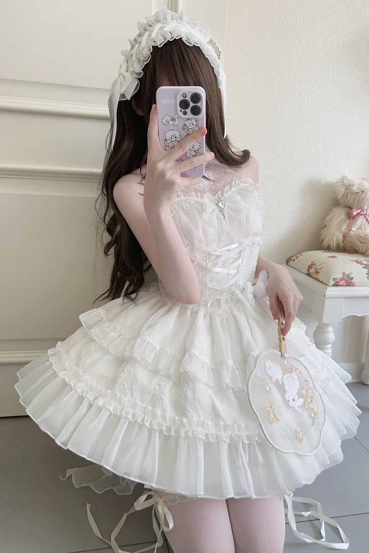 Sweet Lolita JSK - Halterneck Triple-layered, White, Lace Trim, Bow Detail - additional product view 6