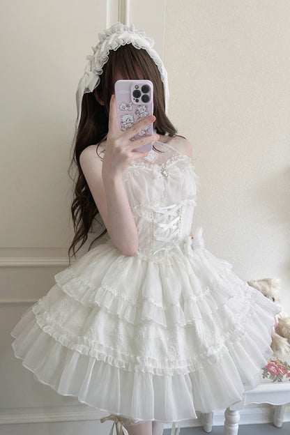 Sweet Lolita JSK - Halterneck Triple-layered, White, Lace Trim, Bow Detail - main product image