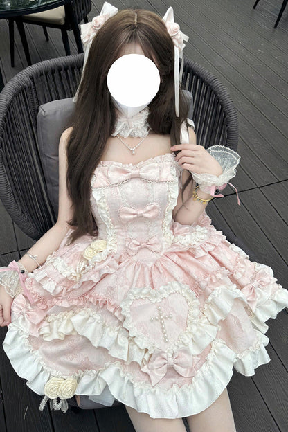Sweet Lolita JSK - Heart Of Butterfly, Pink, Bow Detail, Ruffled, Embroidered - main product image