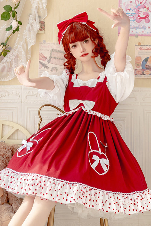 Sweet Lolita JSK - High Waisted, Red, High Waist, Ruffled, Bow Detail - additional product view 2