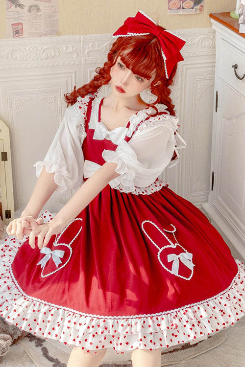 Sweet Lolita JSK - High Waisted, Red, High Waist, Ruffled, Bow Detail - additional product view 3