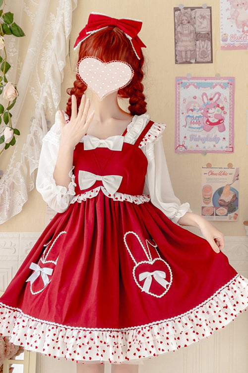 Sweet Lolita JSK - High Waisted, Red, High Waist, Ruffled, Bow Detail - additional product view 4