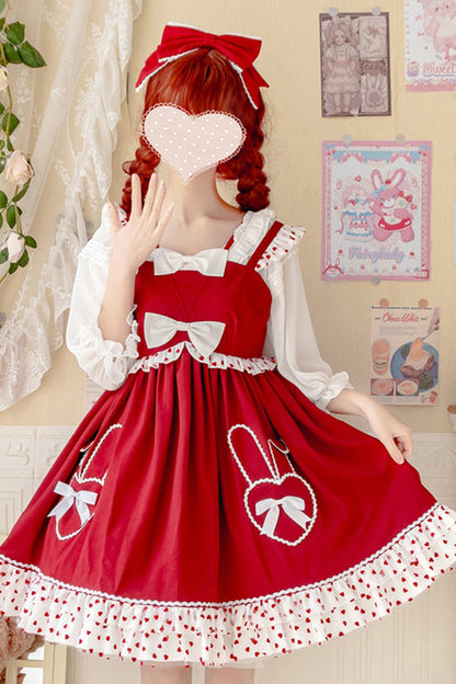 Sweet Lolita JSK - High Waisted, Red, High Waist, Ruffled, Bow Detail - additional product view 4