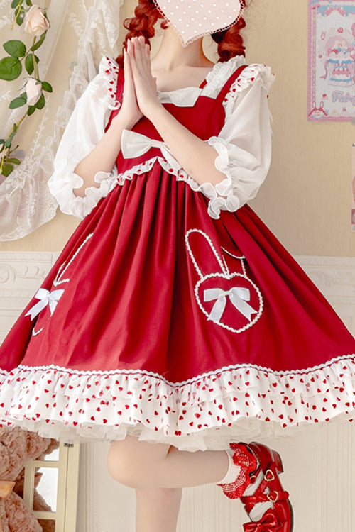 Sweet Lolita JSK - High Waisted, Red, High Waist, Ruffled, Bow Detail - main product image