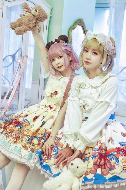Sweet Lolita JSK - Honey Bear Cafe Print, 2 Colors, Bow Detail, Lace Trim, Printed - additional product view 2