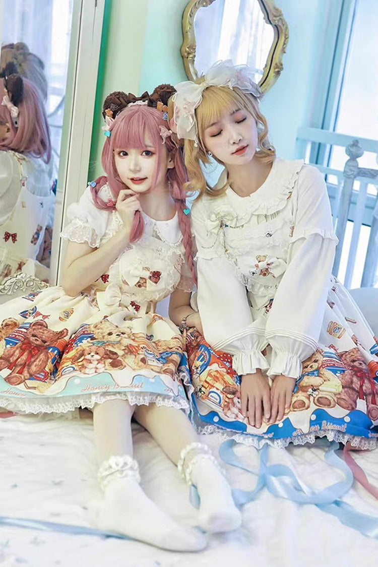Sweet Lolita JSK - Honey Bear Cafe Print, 2 Colors, Bow Detail, Lace Trim, Printed - additional product view 4