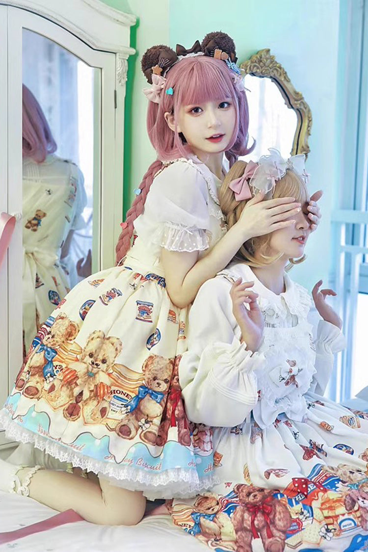 Sweet Lolita JSK - Honey Bear Cafe Print, 2 Colors, Bow Detail, Lace Trim, Printed - additional product view 5