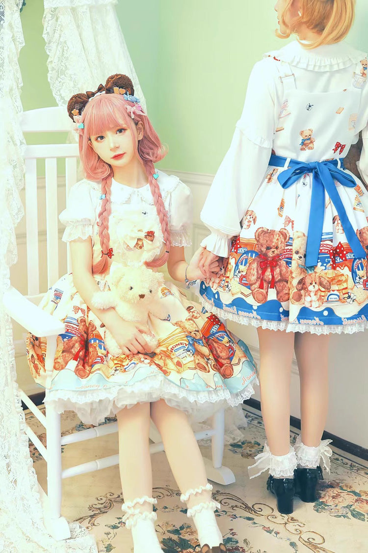 Sweet Lolita JSK - Honey Bear Cafe Print, 2 Colors, Bow Detail, Lace Trim, Printed - additional product view 6