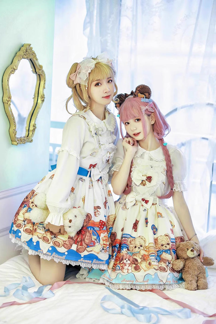 Sweet Lolita JSK - Honey Bear Cafe Print, 2 Colors, Bow Detail, Lace Trim, Printed - main product image
