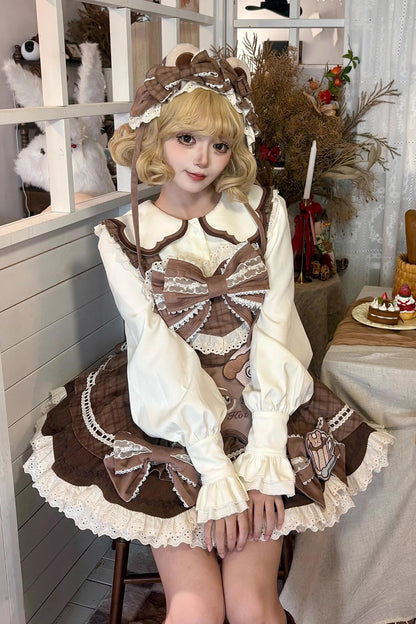 Sweet Lolita JSK - Hot Cocoa Little Bear, Brown, Ruffled, Printed, Bow Detail - additional product view 3