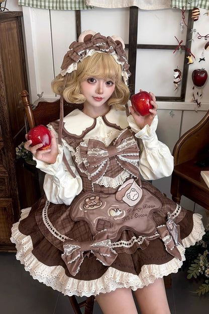 Sweet Lolita JSK - Hot Cocoa Little Bear, Brown, Ruffled, Printed, Bow Detail - additional product view 4