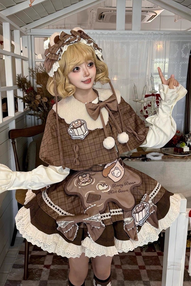 Sweet Lolita JSK - Hot Cocoa Little Bear, Brown, Ruffled, Printed, Bow Detail - additional product view 5