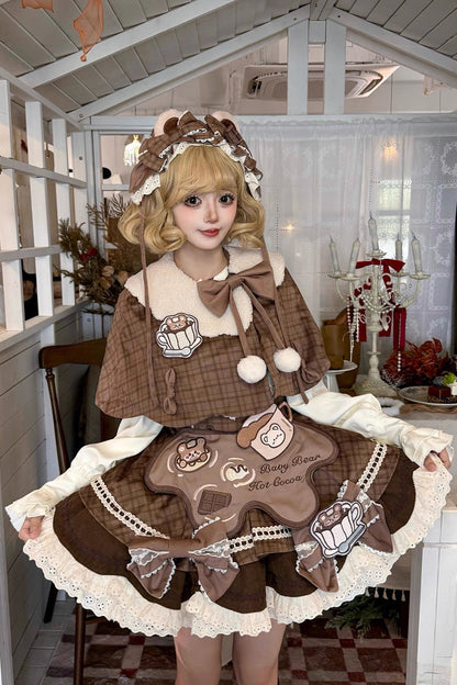 Sweet Lolita JSK - Hot Cocoa Little Bear, Brown, Ruffled, Printed, Bow Detail - main product image