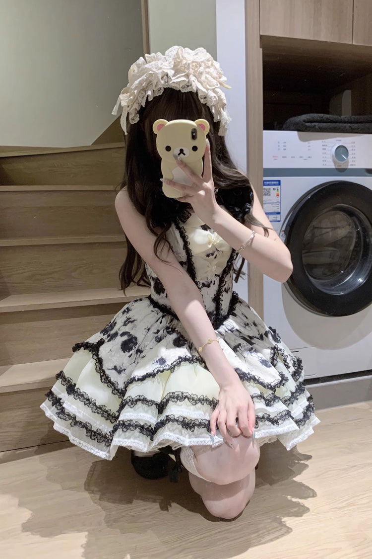 Sweet Lolita JSK - Jasmine Rain Print Stitching, 6 Colors, Printed, Lace Trim - S Black / M Black / L Black option
