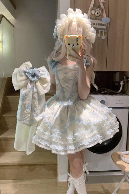 Sweet Lolita JSK - Jasmine Rain Print Stitching, 6 Colors, Printed, Lace Trim - S Blue / M Blue / L Blue option
