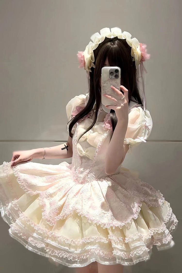 Sweet Lolita JSK - Jasmine Rain Print Stitching, 6 Colors, Printed, Lace Trim - S Pink / M Pink / L Pink option