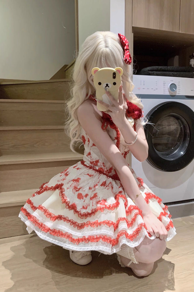 Sweet Lolita JSK - Jasmine Rain Print Stitching, 6 Colors, Printed, Lace Trim - S Red / M Red / L Red option