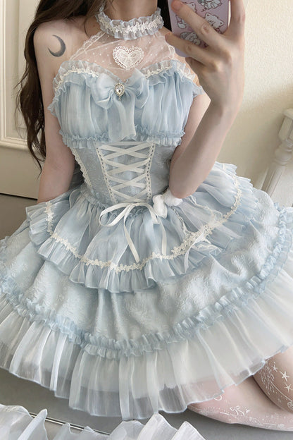 Sweet Lolita JSK - Light Blue Halterneck, Blue, Bow Detail, Lace Trim, Layered - additional product view 2