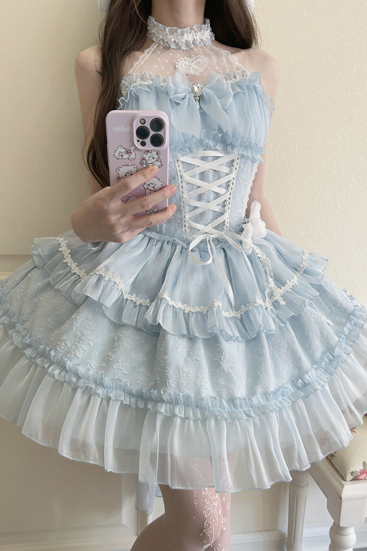 Sweet Lolita JSK - Light Blue Halterneck, Blue, Bow Detail, Lace Trim, Layered - additional product view 3