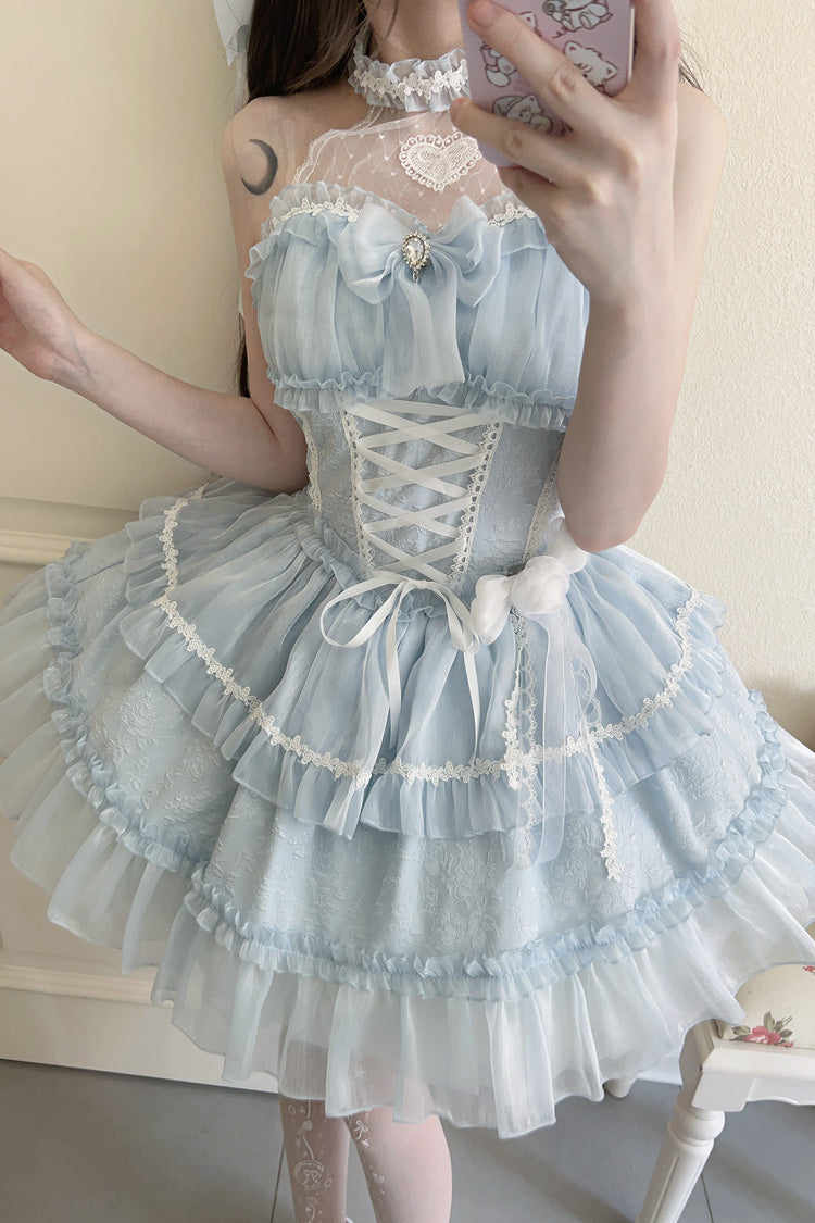 Sweet Lolita JSK - Light Blue Halterneck, Blue, Bow Detail, Lace Trim, Layered - additional product view 4