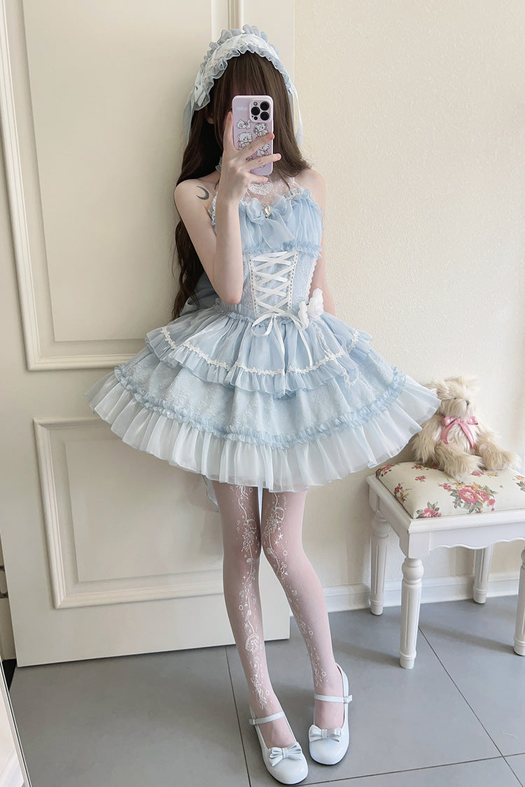 Sweet Lolita JSK - Light Blue Halterneck, Blue, Bow Detail, Lace Trim, Layered - additional product view 5