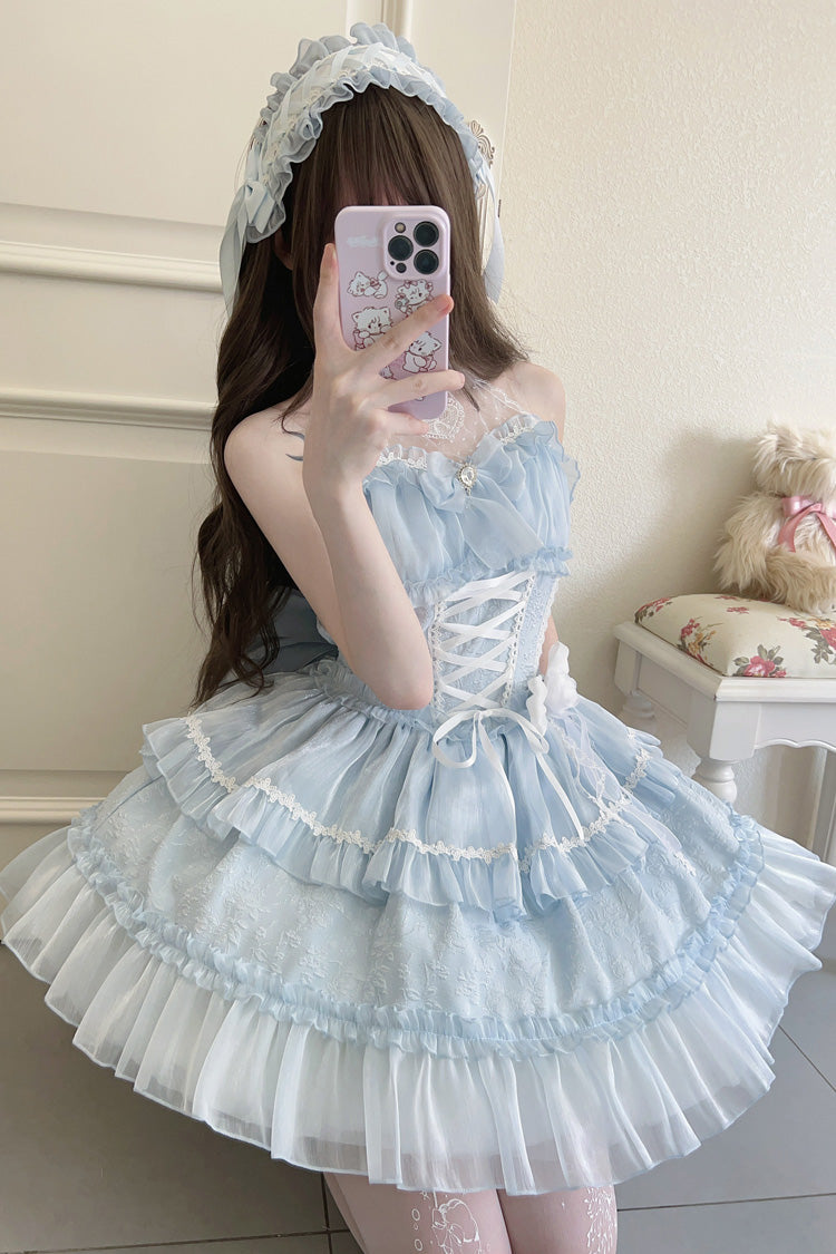 Sweet Lolita JSK - Light Blue Halterneck, Blue, Bow Detail, Lace Trim, Layered - additional product view 6