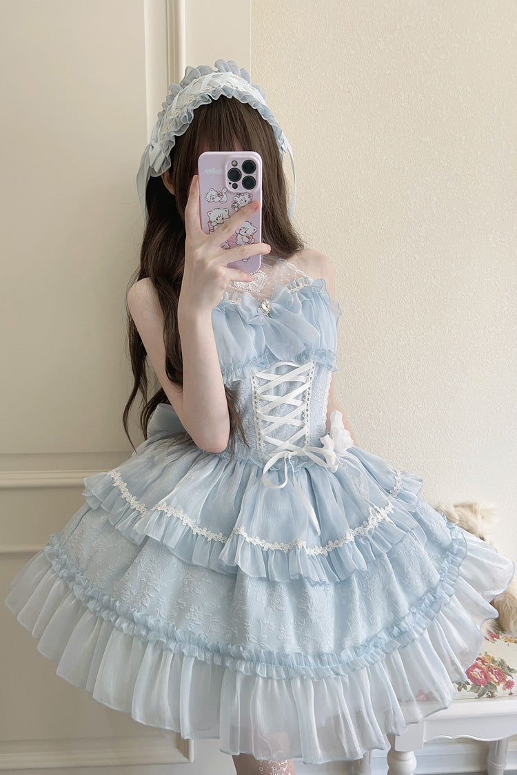 Sweet Lolita JSK - Light Blue Halterneck, Blue, Bow Detail, Lace Trim, Layered - main product image