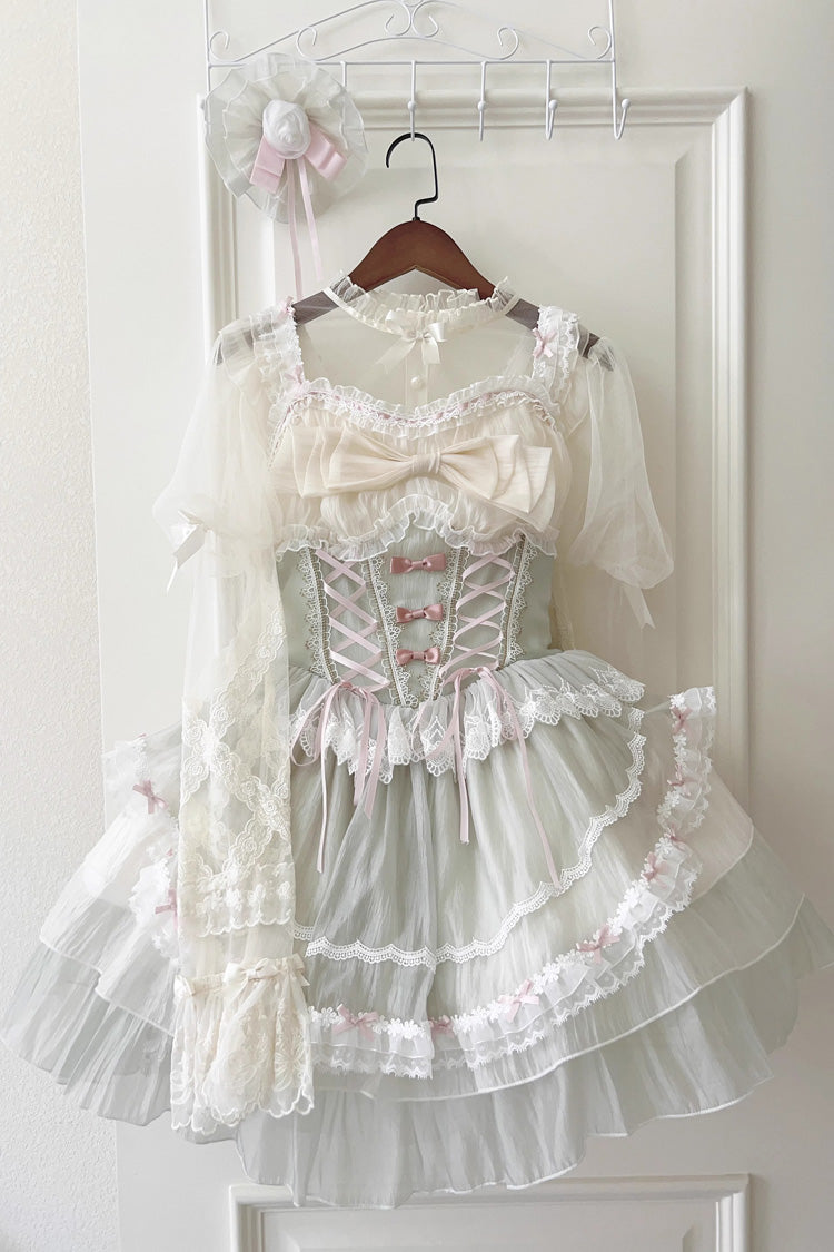 Sweet Lolita JSK - Light Green Camellia Decoration, Green, Lace-Up, Bow Detail, Lace Trim - additional product view 2