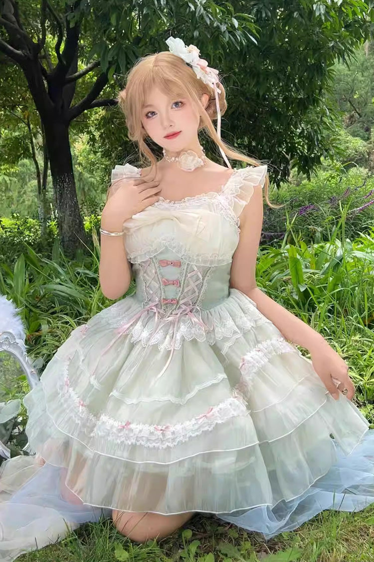 Sweet Lolita JSK - Light Green Camellia Decoration, Green, Lace-Up, Bow Detail, Lace Trim - additional product view 3